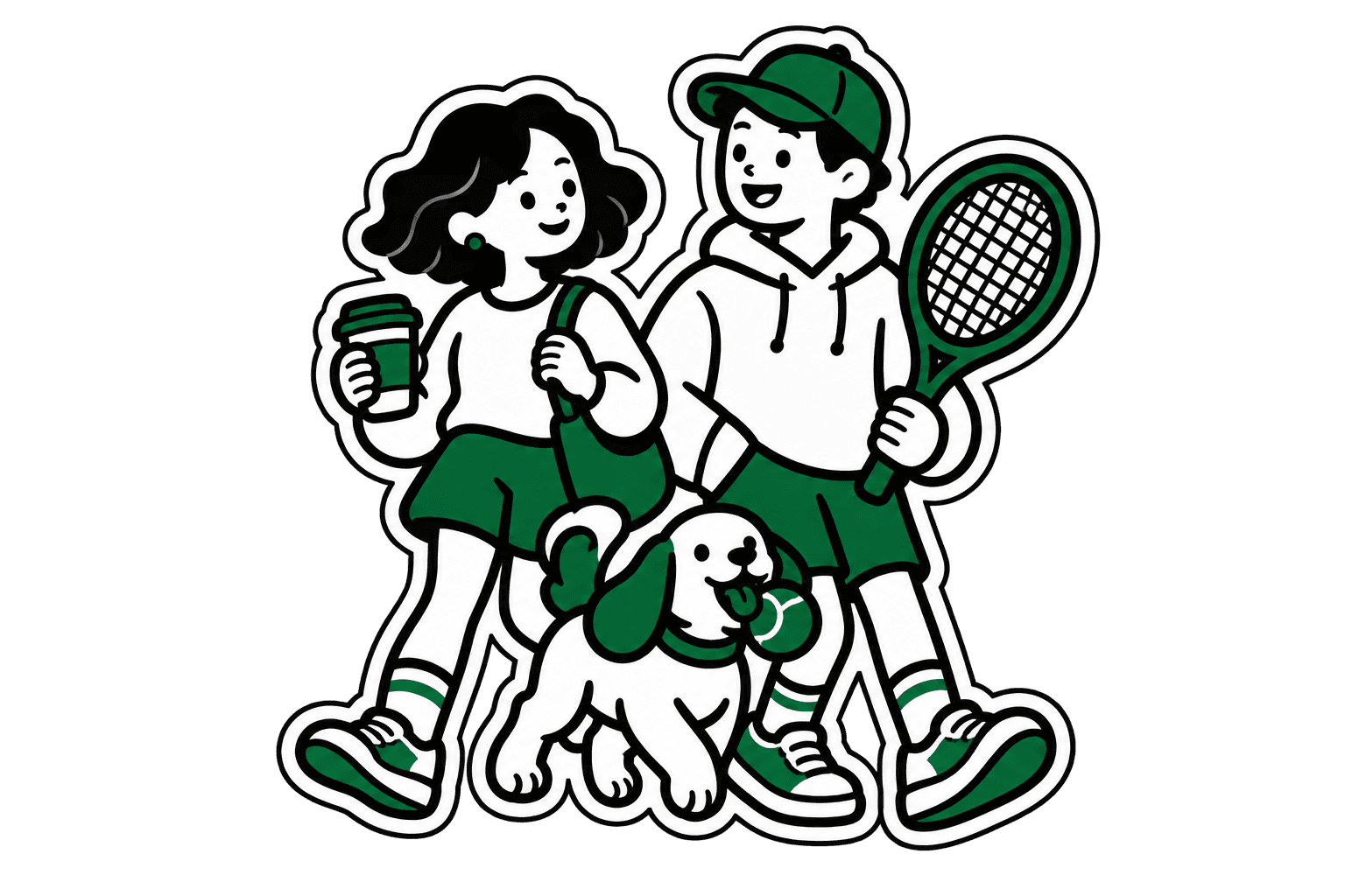 Two friends with a coffee and tennis racket, and a happy dog with a ball.